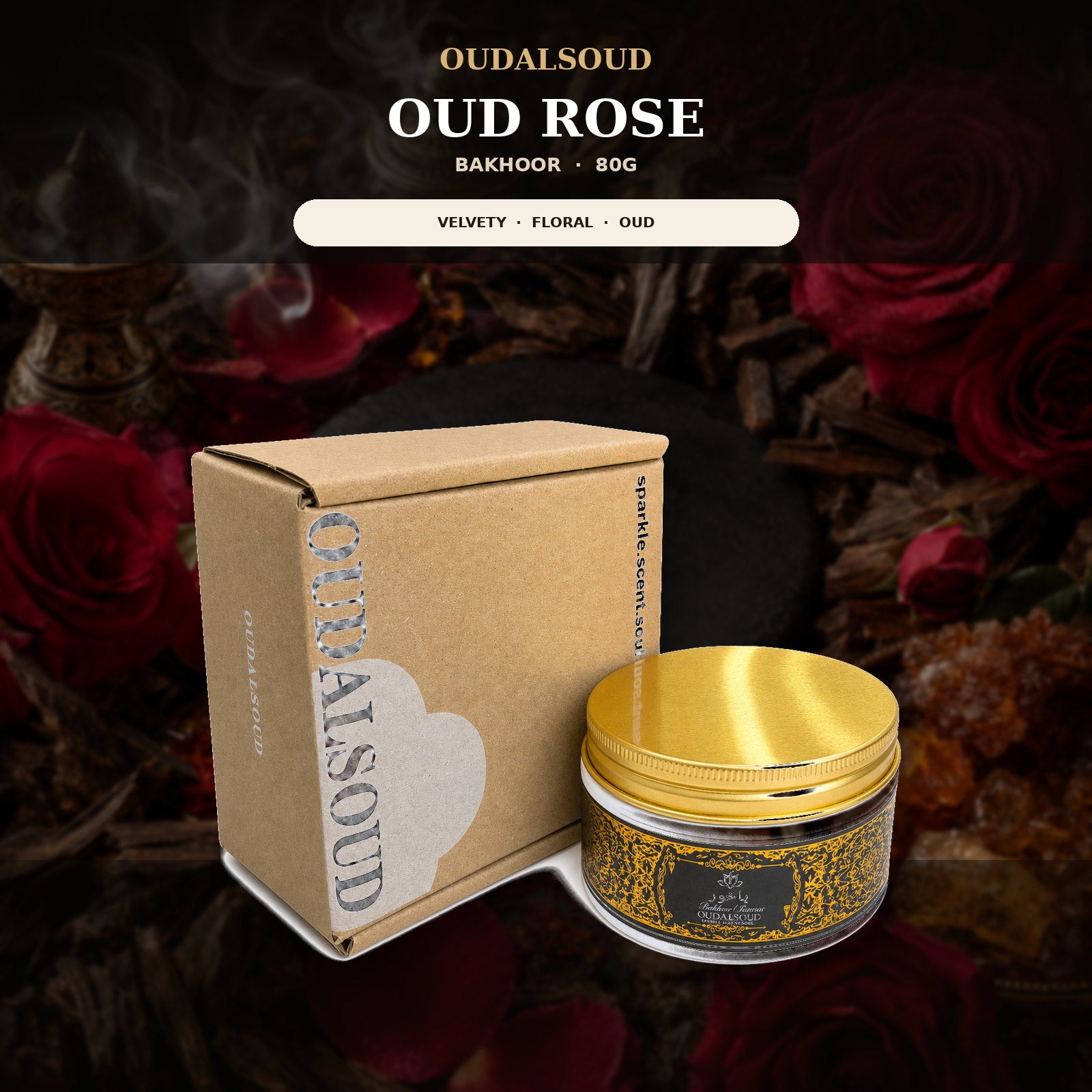 Oud Rose Bakhoor Incense – 80g | Long-Lasting Floral Oud Home Fragrance Gift Box