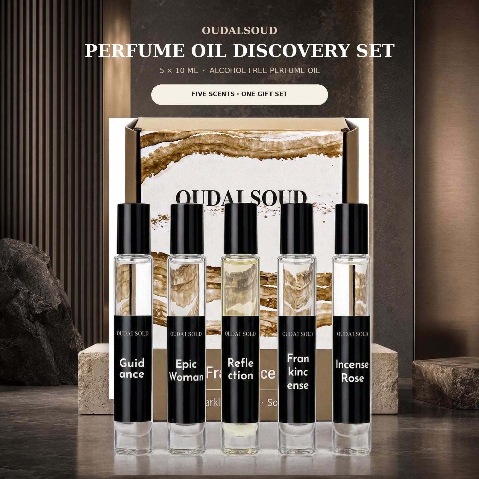 OUDALSOUD Alcohol-Free Perfume Oil Discovery Set II – 5 × 10ml | Long-Lasting Natural Fragrance Gift Set