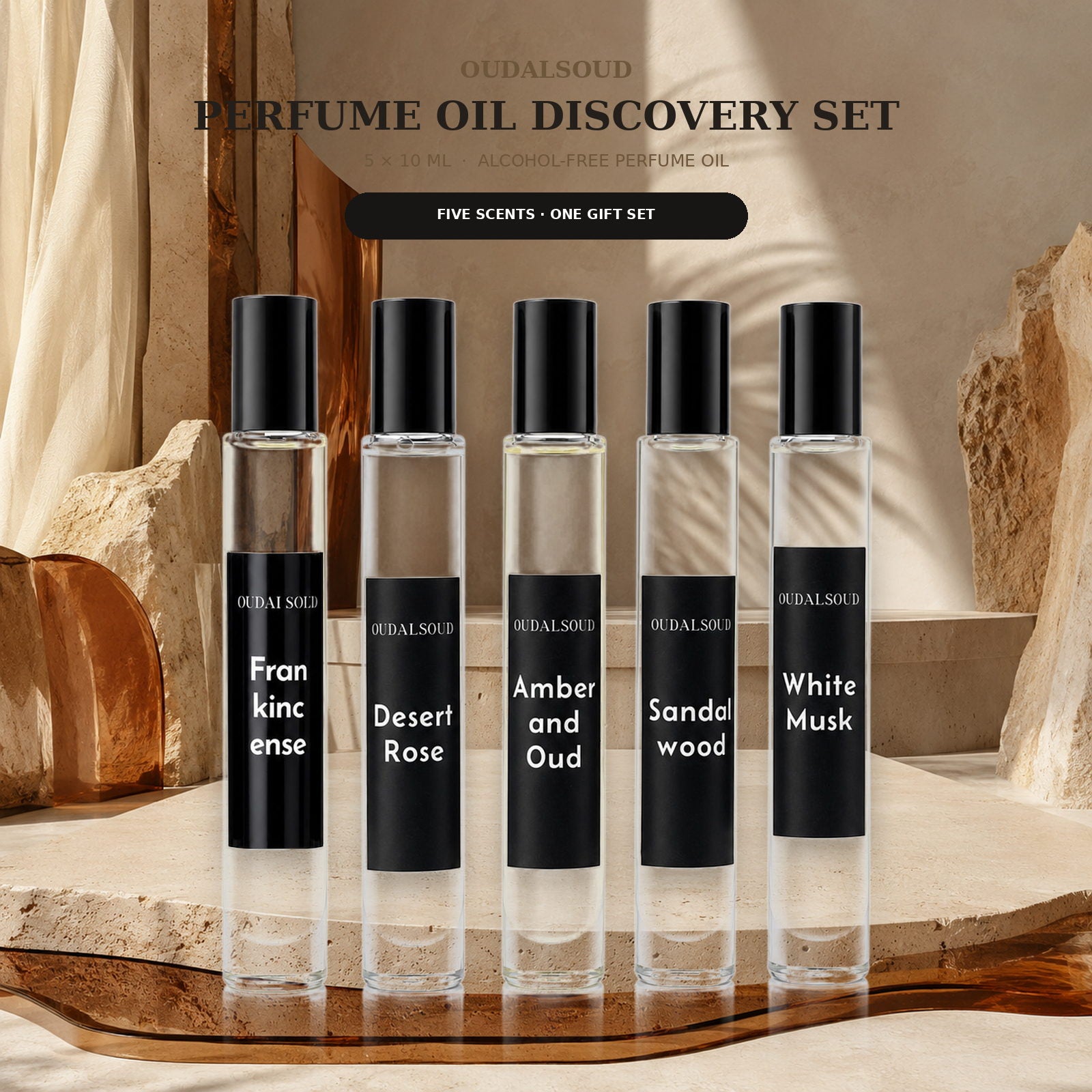 OUDALSOUD Alcohol-Free Perfume Oil Discovery Set I – 5 × 10ml | Long-Lasting Natural Fragrance Gift Set