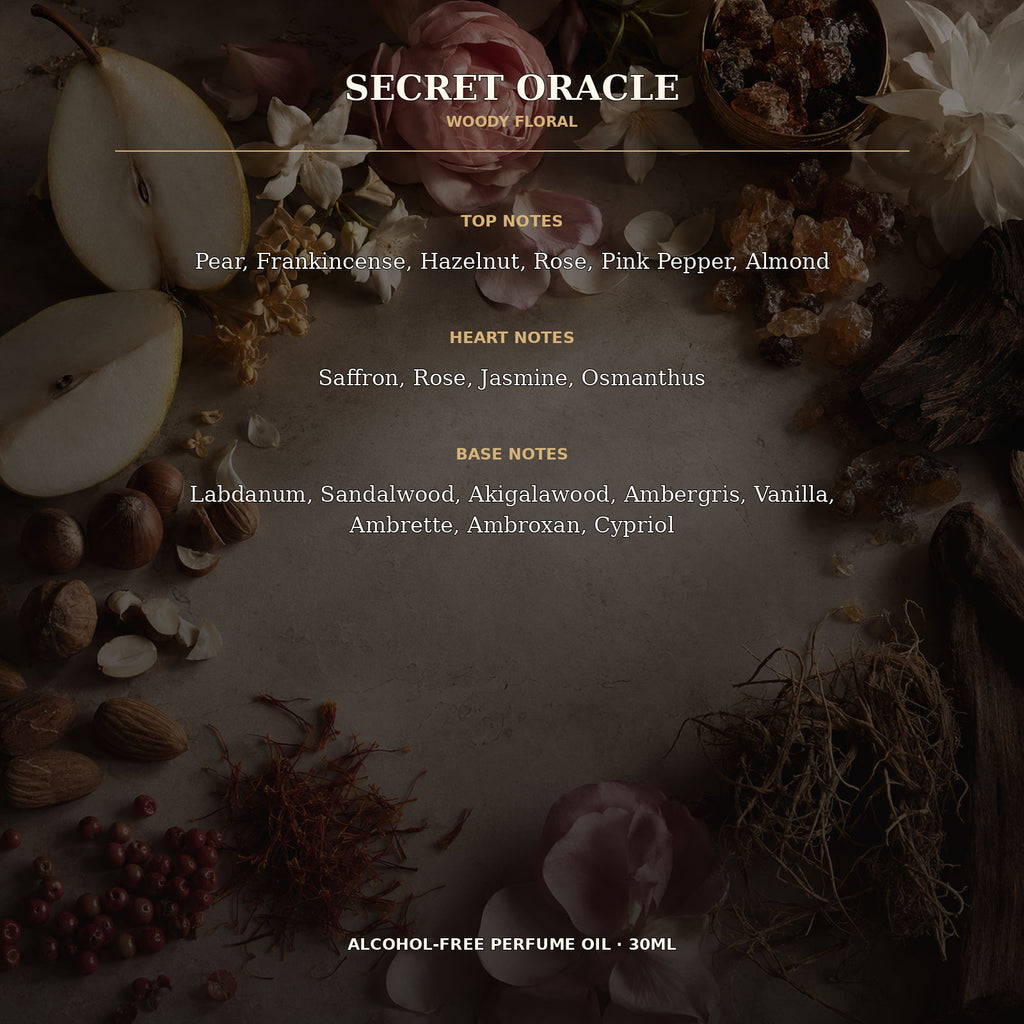 Secret Oracle Alcohol-Free Perfume Oil – 30ml | Long-Lasting Woody Floral Fragrance