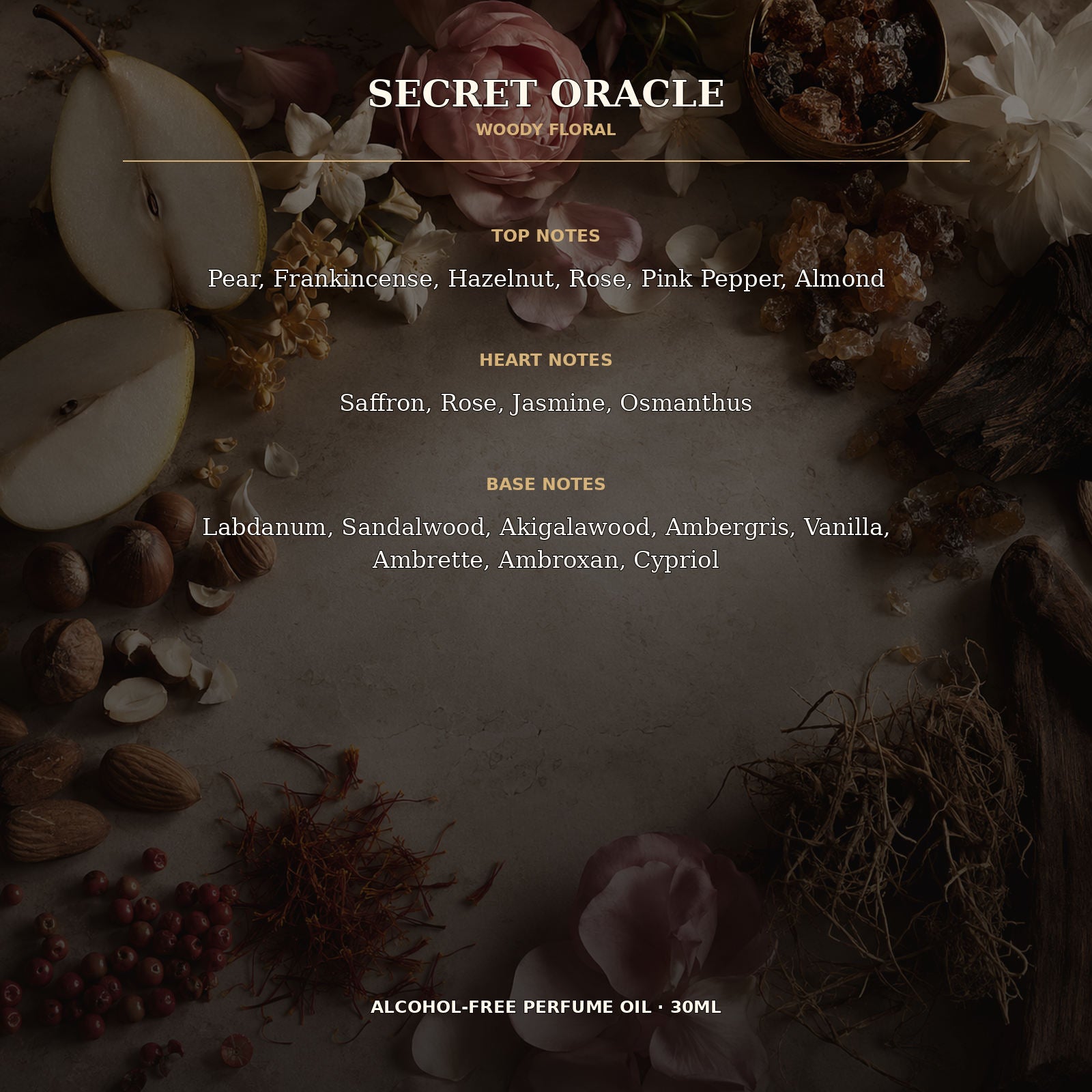 Secret Oracle Alcohol-Free Perfume Oil – 30ml | Long-Lasting Woody Floral Fragrance