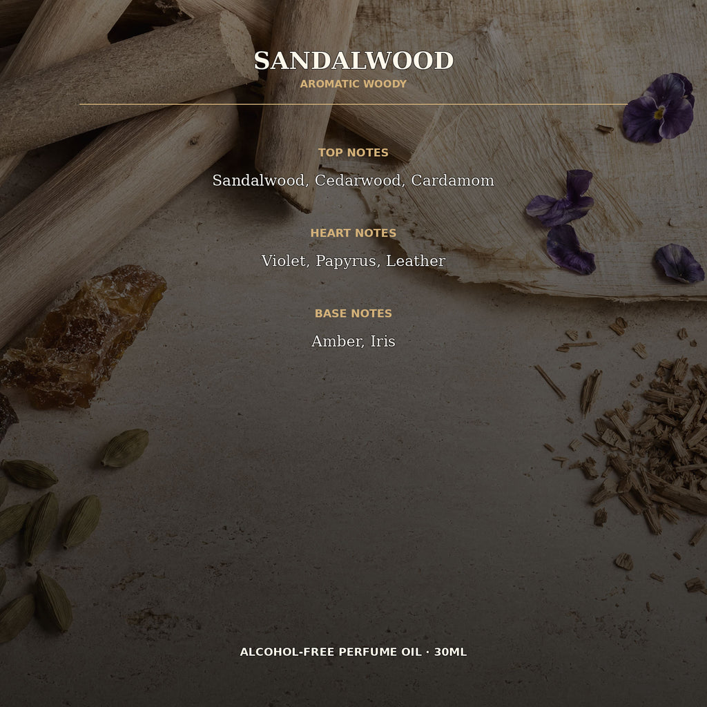 Sandalwood Alcohol-Free Perfume Oil – 30ml | Long-Lasting Aromatic Woody Fragrance