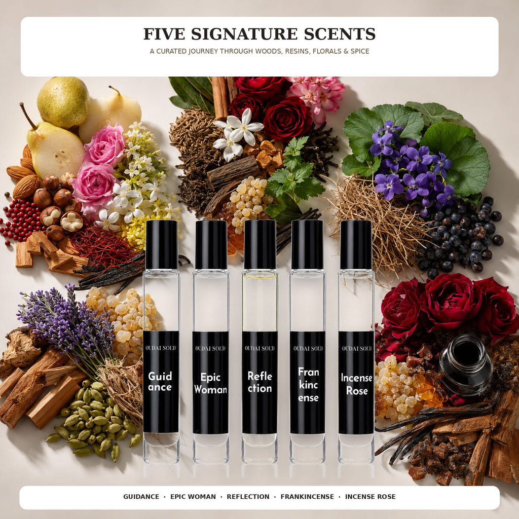 OUDALSOUD Alcohol-Free Perfume Oil Discovery Set II – 5 × 10ml | Long-Lasting Natural Fragrance Gift Set