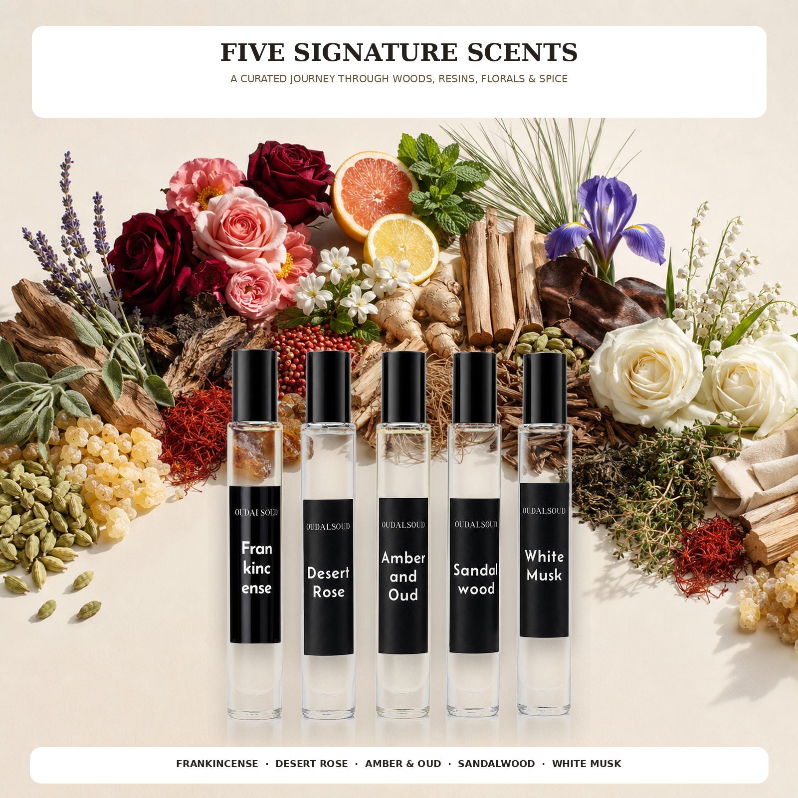 OUDALSOUD Alcohol-Free Perfume Oil Discovery Set I – 5 × 10ml | Long-Lasting Natural Fragrance Gift Set